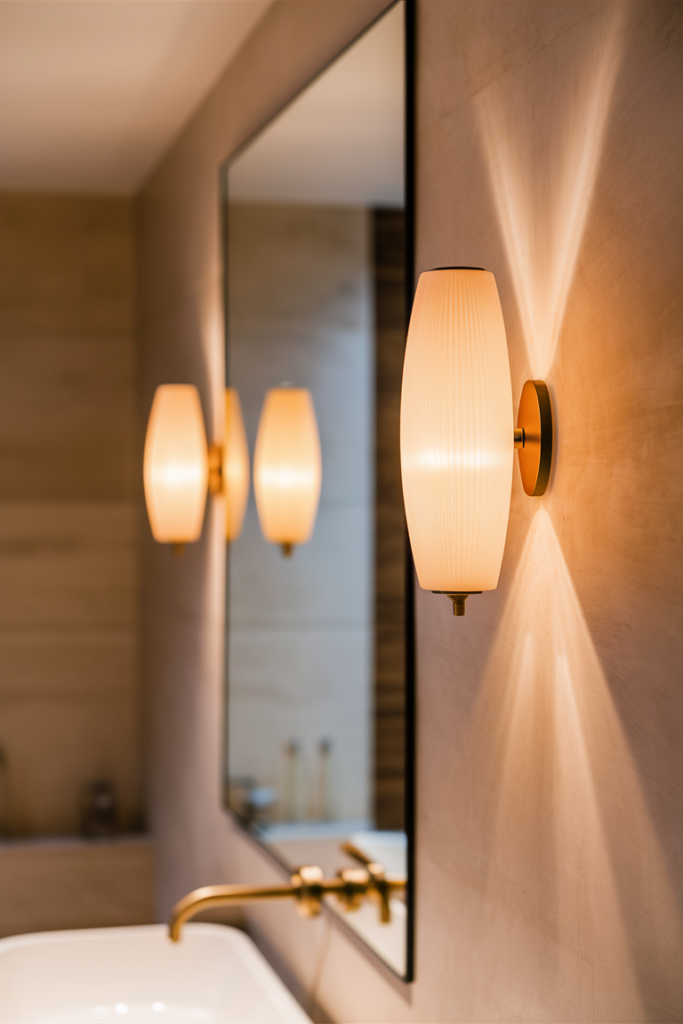 A cozy, modern bathroom with sleek wall sconces on either side of a mirror, emitting a warm and inviting glow. The sconces add sophistication to the space.