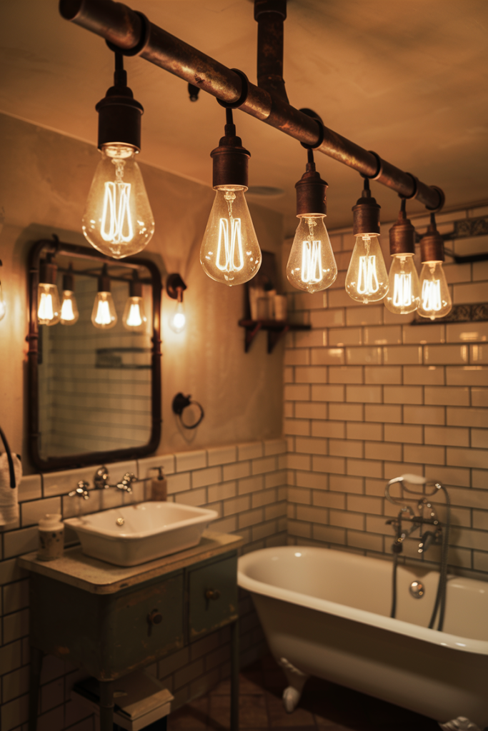 A bathroom with vintage-inspired lighting, featuring exposed Edison bulbs in a rustic metal fixture. The warm glow adds a nostalgic, industrial touch.