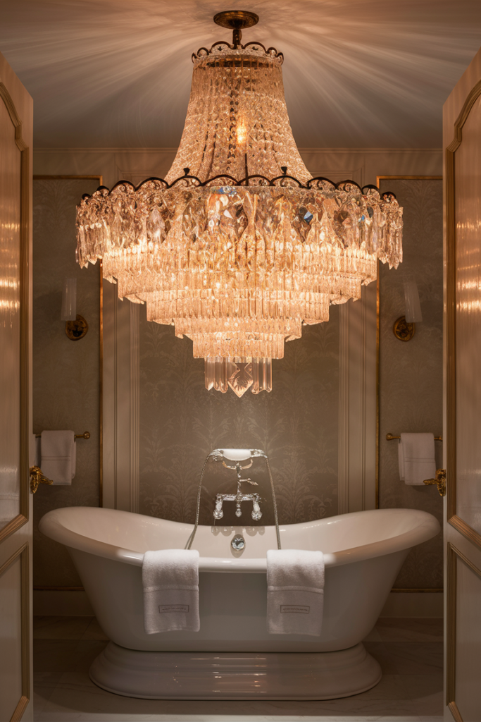 A luxurious bathroom with a dazzling chandelier hanging over a freestanding bathtub. The crystal or glass fixture reflects light beautifully, creating an elegant and spa-like atmosphere.