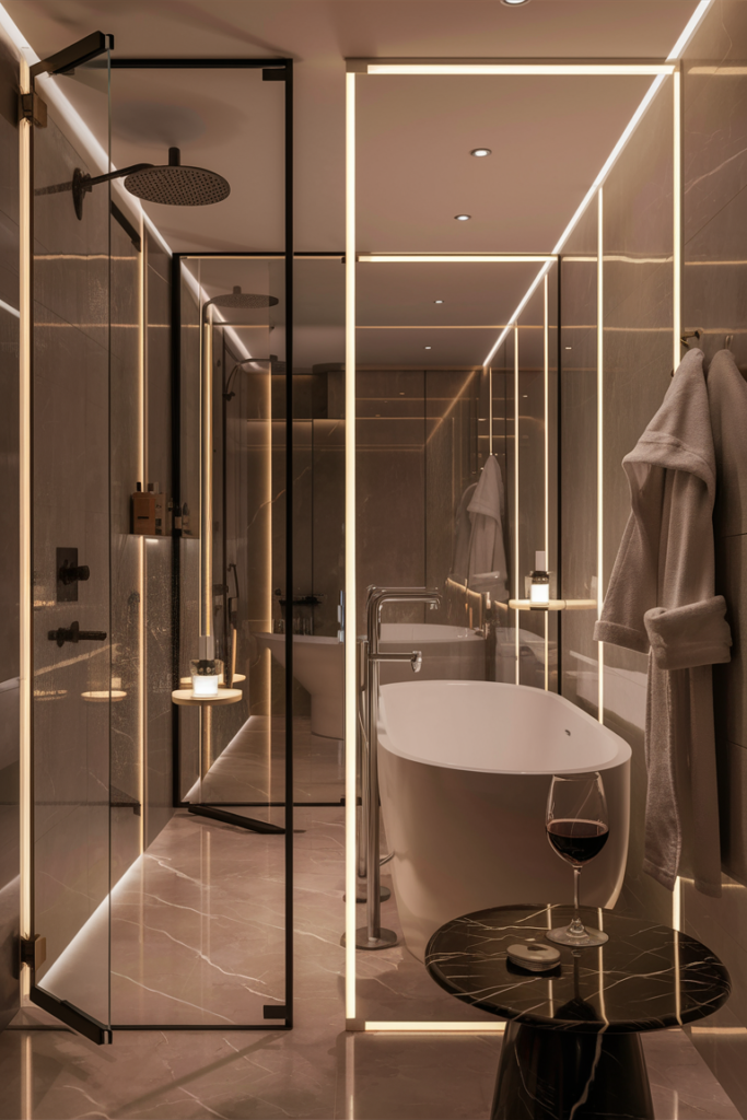 A bathroom with adjustable lighting, shifting between bright and soft glows. The dimmer switch allows for a relaxing atmosphere perfect for unwinding