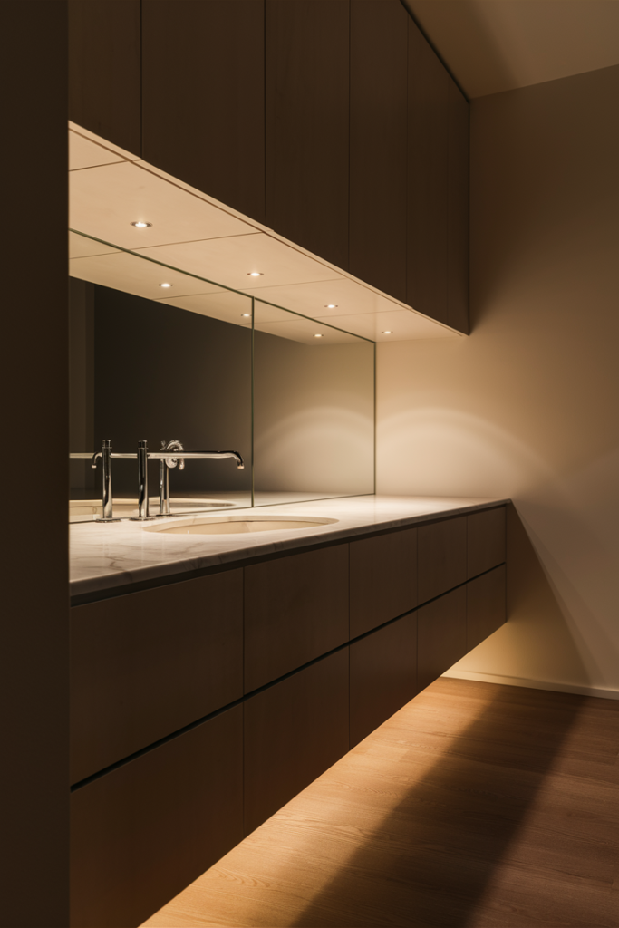 A contemporary bathroom with under-cabinet LED lighting casting a soft glow on the floor. The lighting enhances the vanity design and provides a subtle nighttime guide.