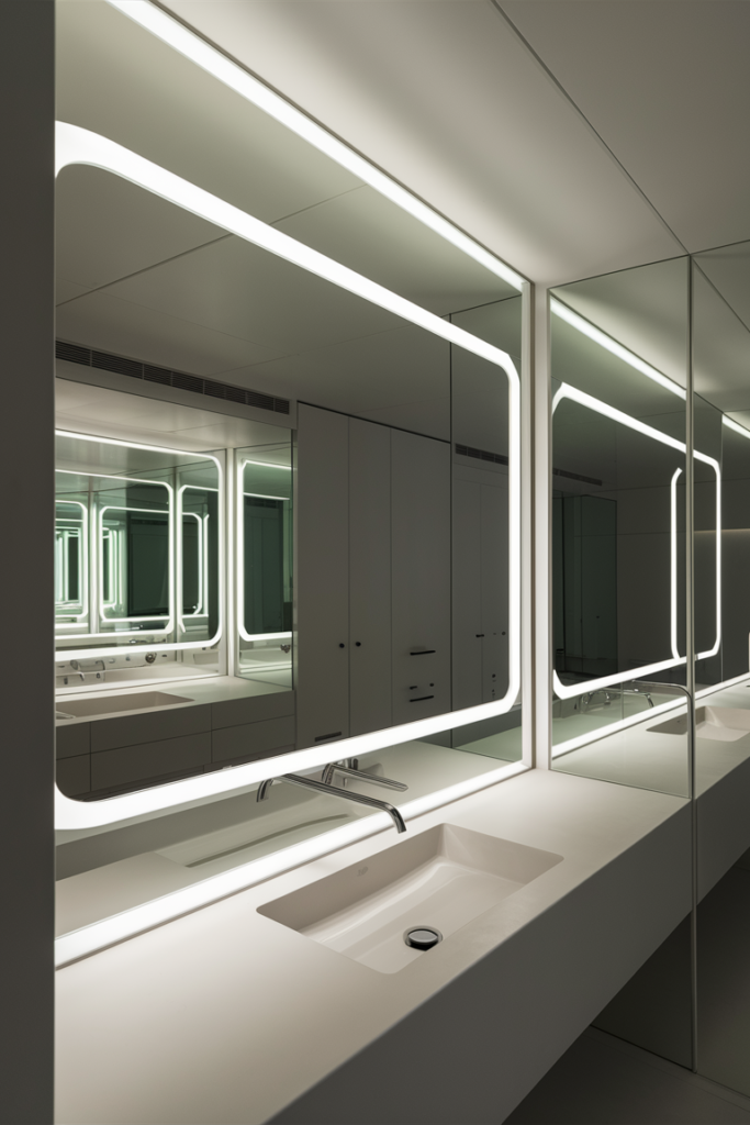 A futuristic bathroom featuring an LED-backlit mirror with adjustable brightness. The mirror emits a soft, diffused glow, enhancing the vanity area.