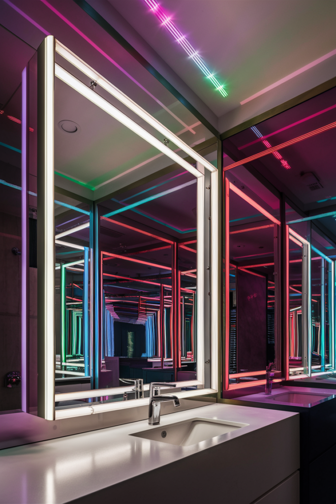 A futuristic bathroom with colorful LED lighting strips illuminating the mirror and ceiling. The lights can switch between hues, creating a playful, dynamic effect.