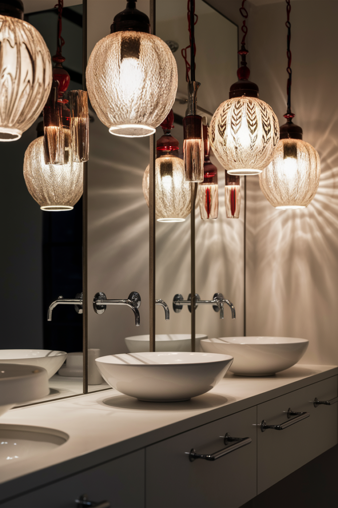 A trendy bathroom featuring bold pendant lights hanging above a vanity. The fixtures have unique glass or metal designs, adding character and function.