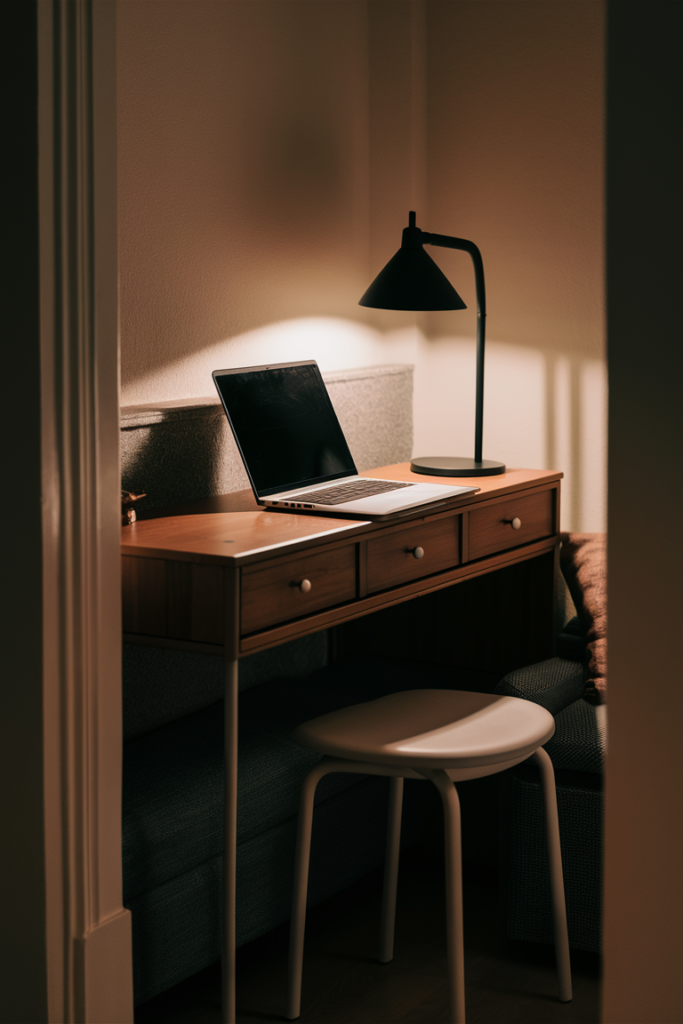 A narrow console table transformed into a workspace in a hallway or behind a sofa. The desk holds a laptop and a small lamp, while a tucked-away stool provides seating without taking up extra space.