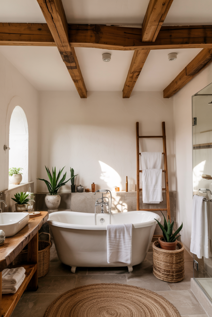 A wabi-sabi bathroom featuring raw wooden beams across the ceiling, framing a rustic soaking tub. The wood is aged and full of natural knots and cracks.