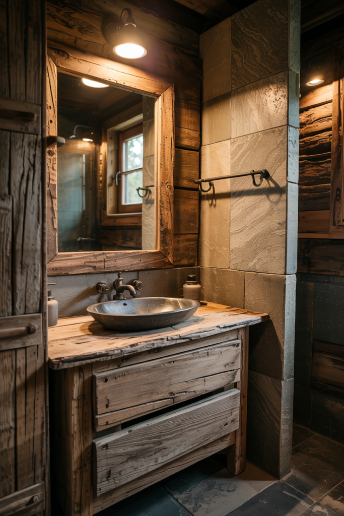 A cozy wabi-sabi bathroom with a weathered wooden vanity, muted tones, and natural textures. A cracked wooden sink frame adds charm, with soft natural light filtering through a small window.